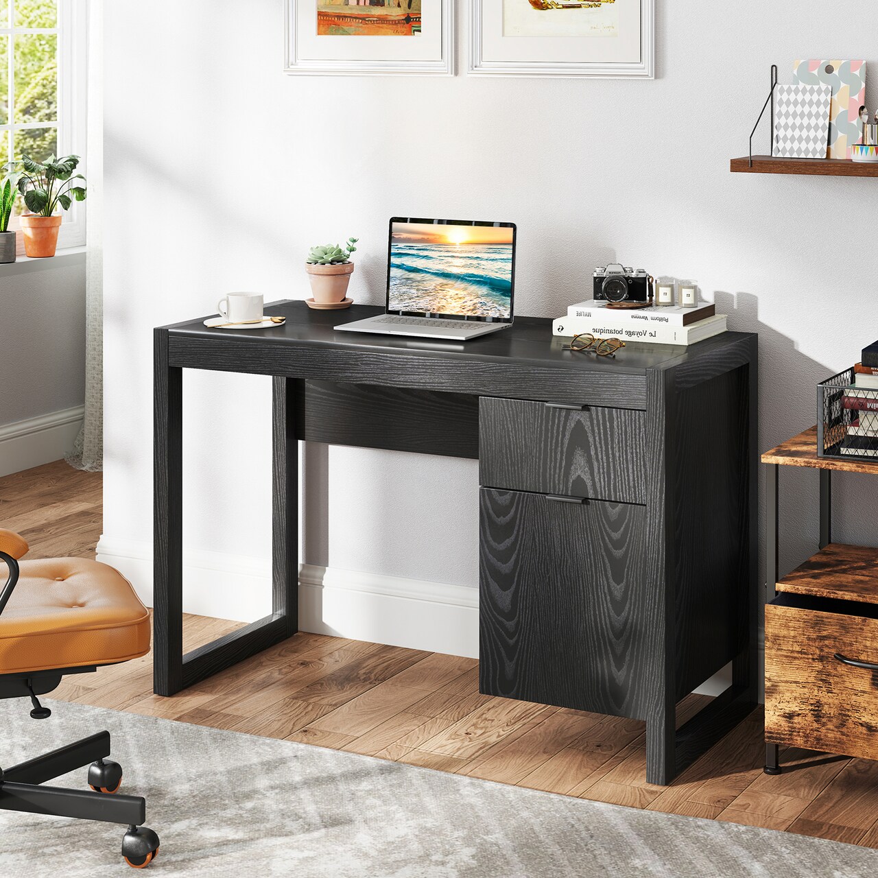 Stylish Modern Desk with Storage Cabinet and Drawer for Home or Office Workspace